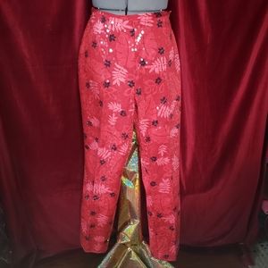 Red Monstera Leaf pants with Iridescent Sequins